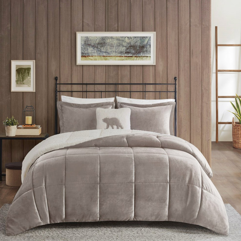 Édredon double / grand - réversible, 2 taies décoratives, 1 coussin décoratif, lavable à la machine, gris + taies décoratives et mélange