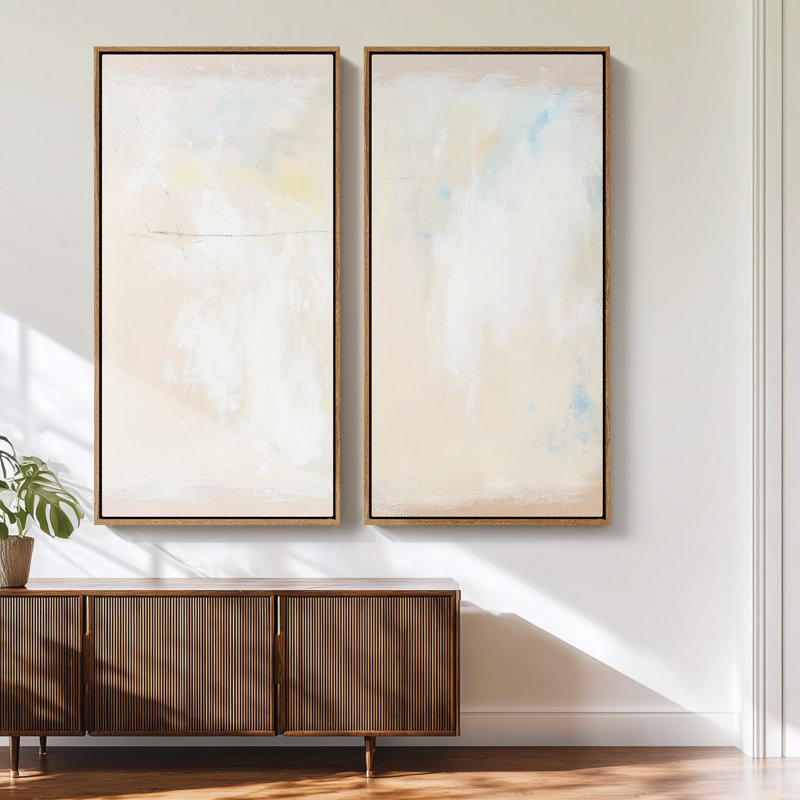Grand ensemble d'art mural sur toile encadrée - Impressions minimalistes abstraites douces et claires de couleur beige et blanche 60 po x 30 po x 2 pièces