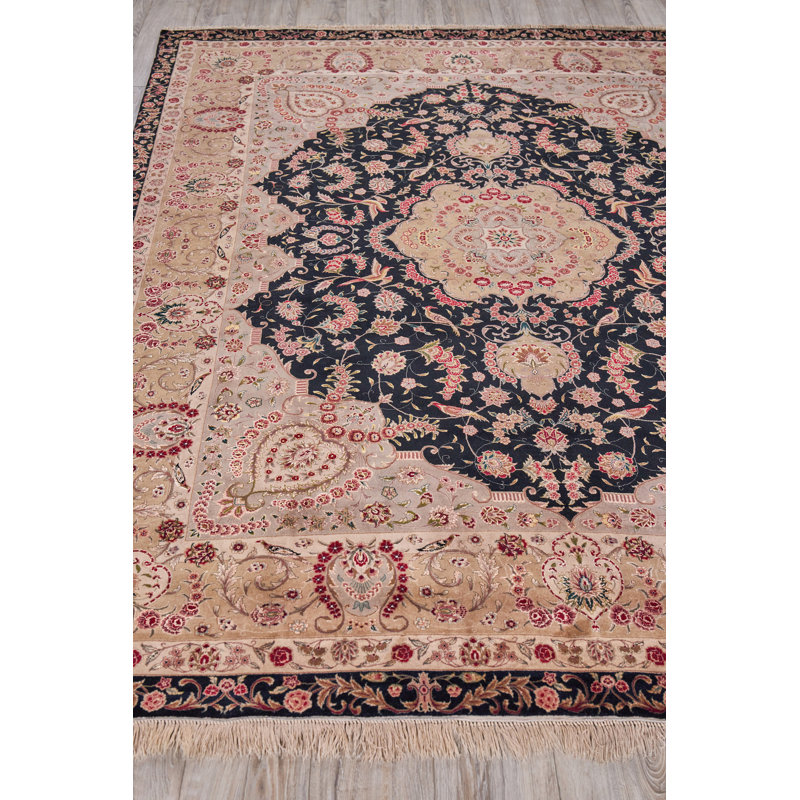 Hand-Knotted Black and Beige Wool Silk Medallion Rug 8' x 10'