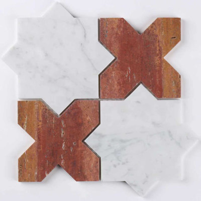Soletile Red Travertine & Carrara White Marble Star Cross Pattern Honed Mosaic Wall & Floor Tile