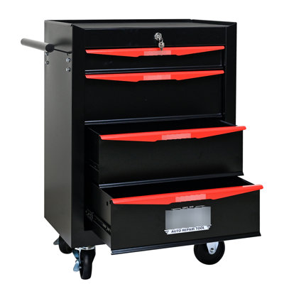 Coffre à outils roulant de 20 po avec 4 tiroirs - glissières à roulement, boîte en acier noir et rouge, roulettes, espace de rangement supplémentaire noir et rouge, pivotant, outils supplémentaires