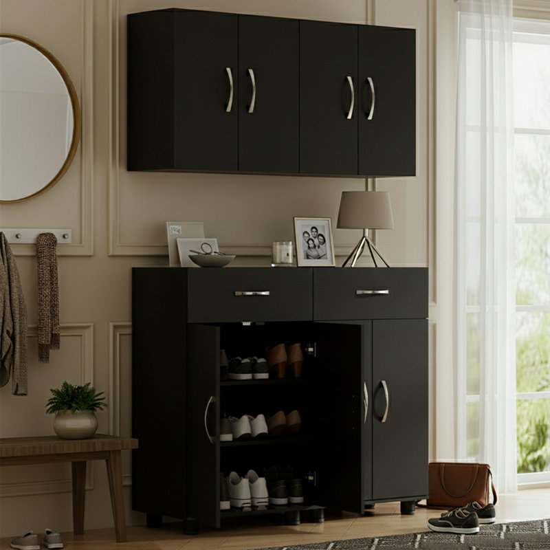 Modular 48" W 4-Piece Storage Cabinet Set: 2 Wall Cabinets & 2 Base Cabinets With Drawers, Black