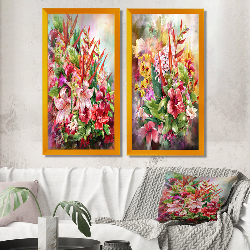 Ensemble de 2 peintures sur toile rétro multicolores printanières, H 32 po x l 32 po x P 1 po, Cadre photo doré