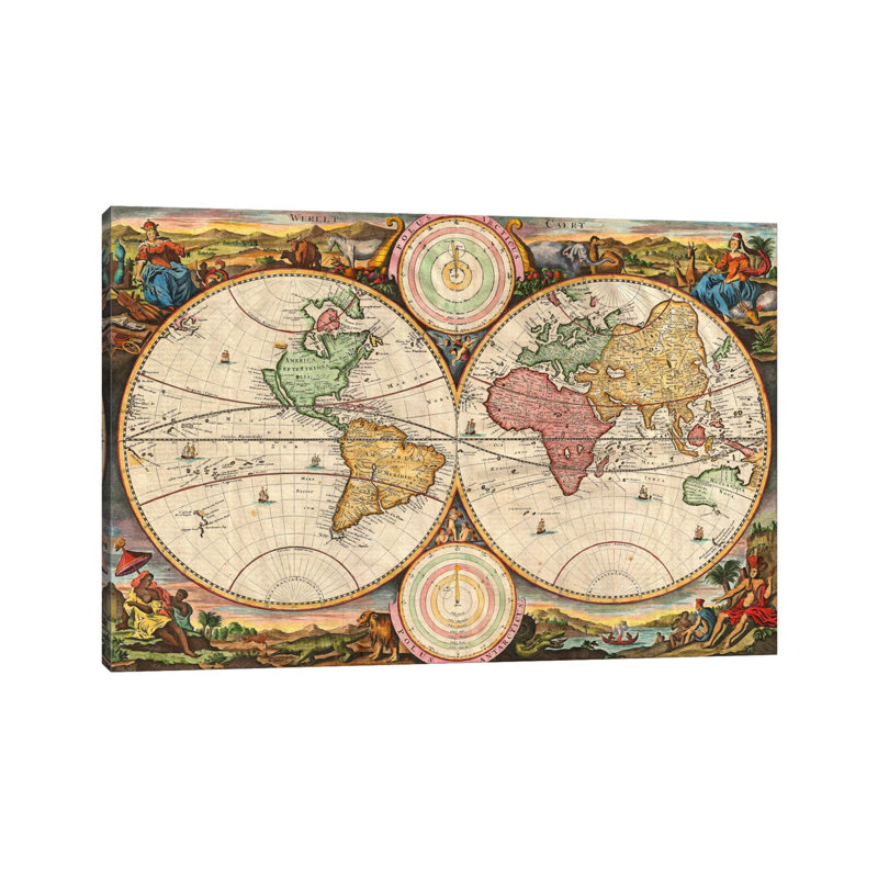 Antique Map Of The World In Two Hemispheres (1730) by Stoopendaal - Wrapped Canvas Print, 20.32 cm H x 30.48 cm W