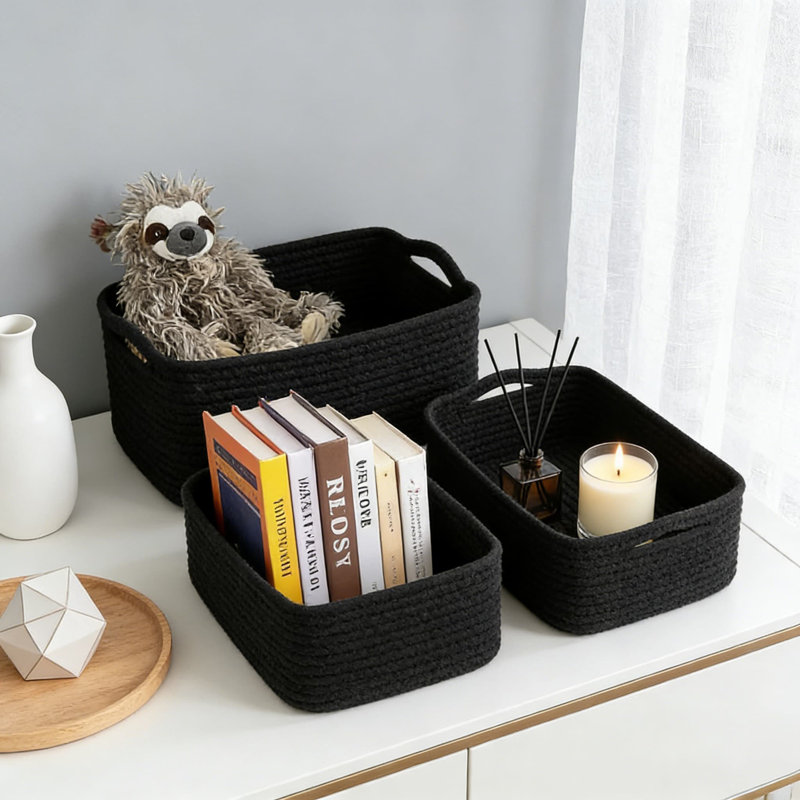 Woven Rope Storage Baskets 3-Pack, Collapsible Organizer Bins For Shelves, Closet, And Home Organization, Rectangular Decorative Baskets For Towels, Toys, And Essentials