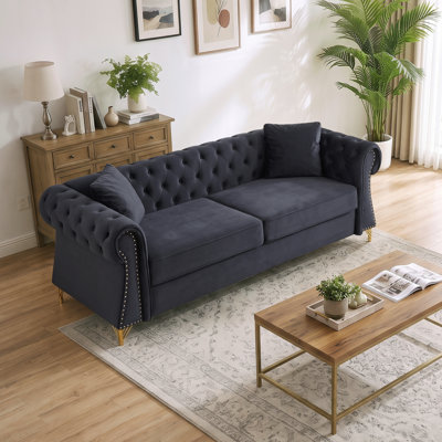 Velvet Chesterfield Sofa with Button Tufted Backrest, Rolled Arms, Nailhead Trim and Metal Legs