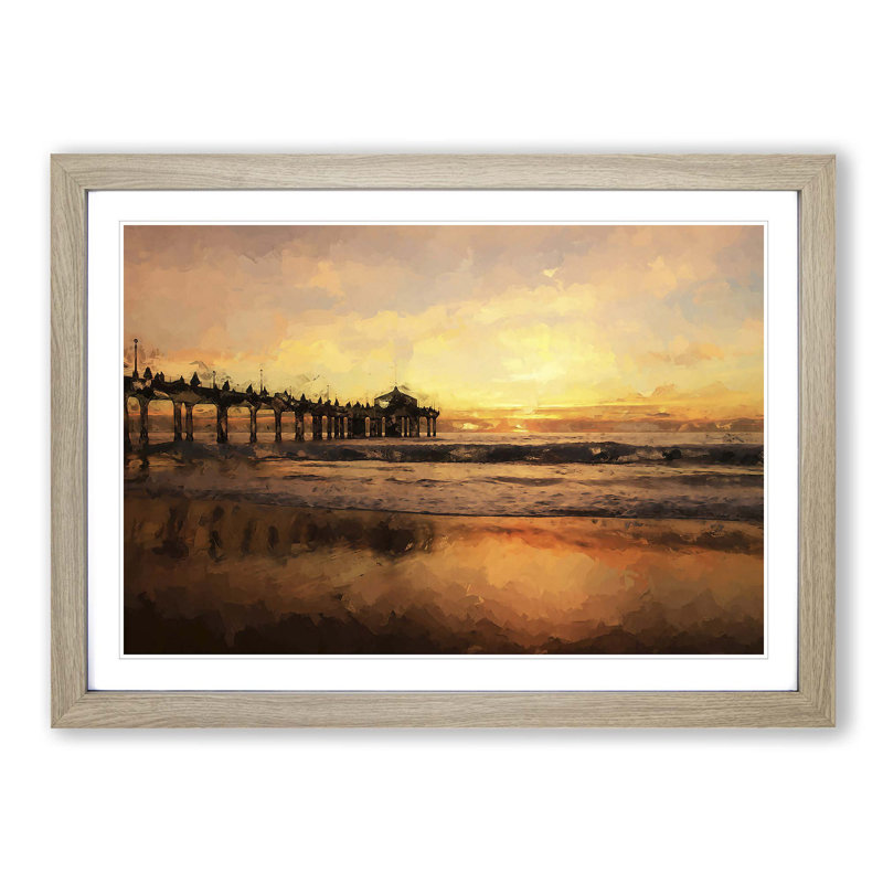 Sunset Behind the Pier in Abstract - Picture Frame Painting Print, Oak Framed, 62cm H x 87cm W x 2cm D