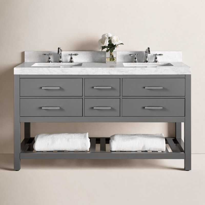 Ensemble de meuble-lavabo double 60 po Carrie, Gris saphir / nickel brossé, Marbre blanc de Carrare