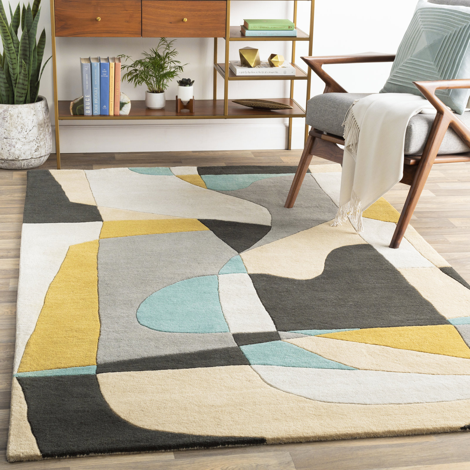 Gaye Wool Gray/Khaki/Teal Rug, Rectangle 9' x 12'
