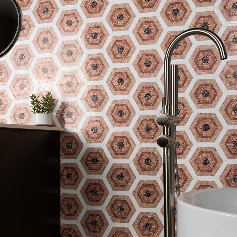 Ako 6" Hexagon Marble Micro Mosaic Tile, Terracotta Rosa