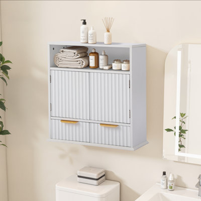 Wall Mounted Bathroom Cabinet With Adjustable Shelf And Drawers – Modern Mdf Storage Cabinet With Vertical Stripe Design And Metal Handles