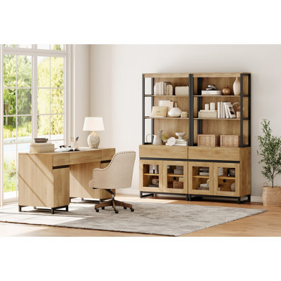  Home Office Furniture Set: 59In Modern Executive Desk With Charging Station And Drawers And Two 72In Tall Bookcases, Home Office Furniture For Living Room, Bedroom