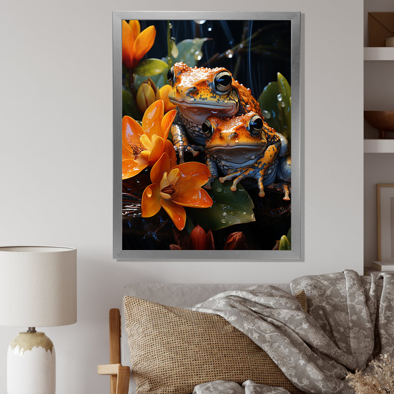 «Orange Frogs on Glass Effect», reproduction sur toile, Cadre simple argenté, H 44 po x l 34 po x P 1,5 po