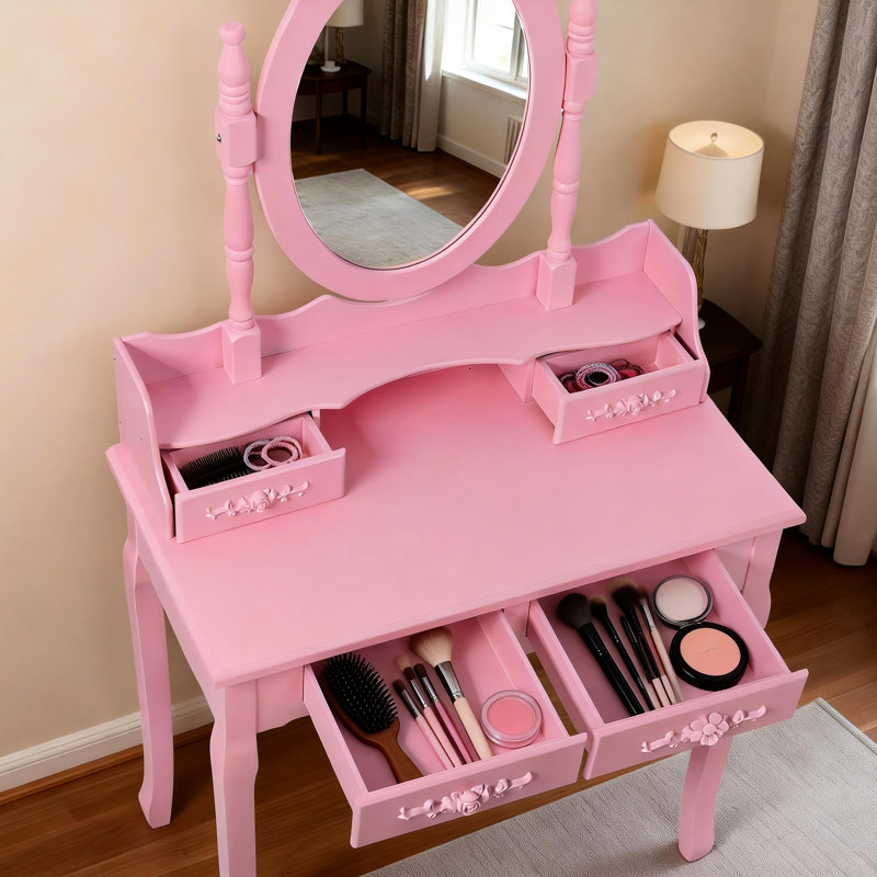Meuble-lavabo rose avec 4 tiroirs, miroir ajustable à 360 ° et tabouret polyvalent pour l'organisation de la chambre à coucher