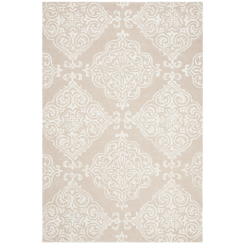 Bernon Hand Tufted Viscose/Wool Damask Rug in Beige, Rectangle 4' x 6'