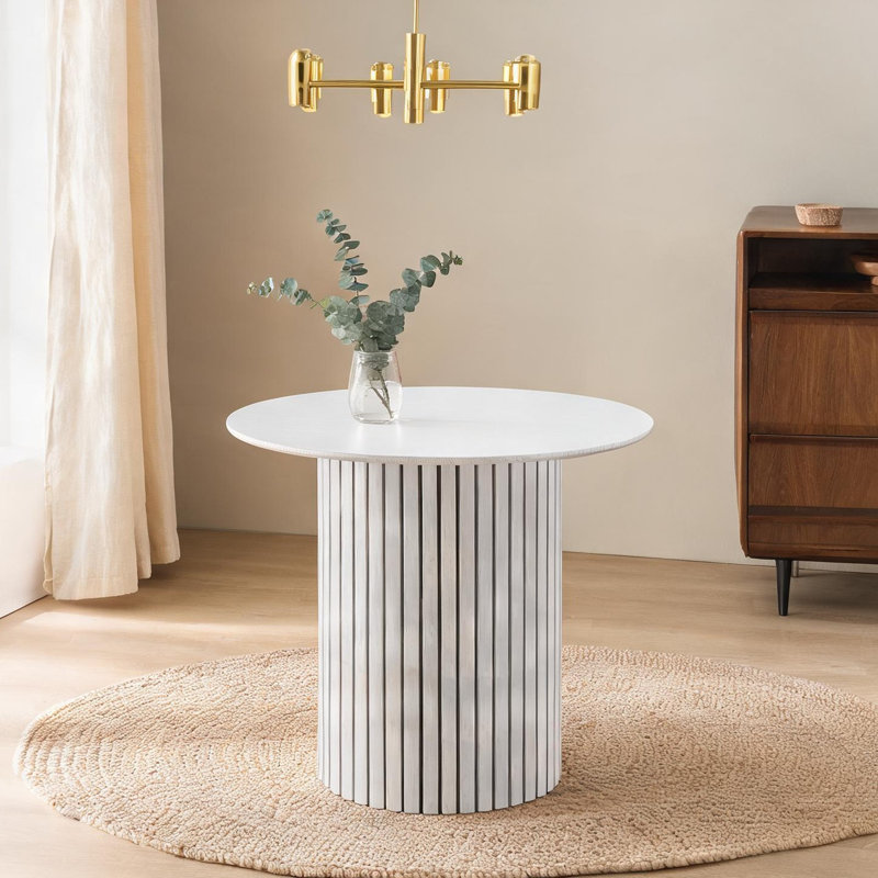 Table de salle à manger ronde en bambou blanc doux et contreplaqué pour 4 personnes, base à tréteaux moderne pour une vie contemporaine