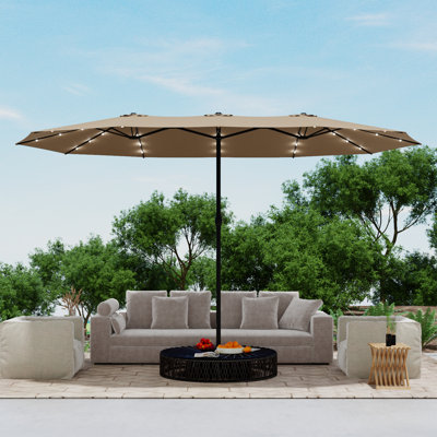 15 ft x 9 ft Outdoor Patio Double-Sided Umbrella with Base + Built-In LED Lights