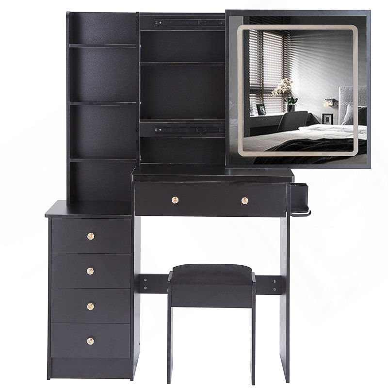 37-Inch Middle Size Left Bedside Cabinet Vanity Table Set With Cushioned Stool, 2 AC+2 USB Sockets, Hair Dryer Stand, And Large Touch Control LED Sliding Mirror, 3-Color Switch