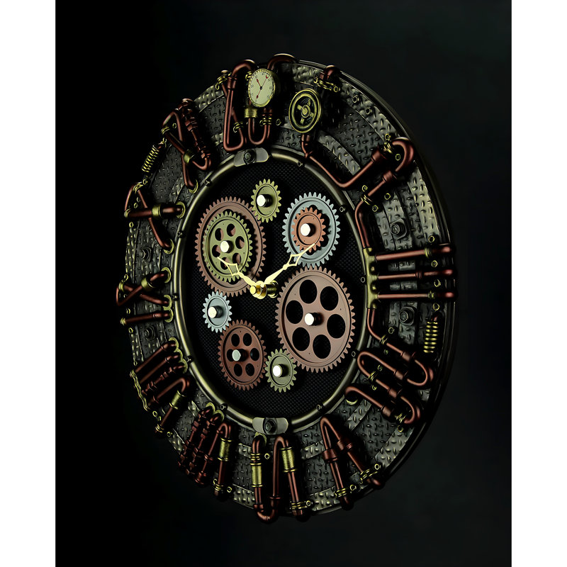Horloge murale industrielle steampunk en résine coulée aspect laiton rouge-brun, diamètre 13,75 pouces