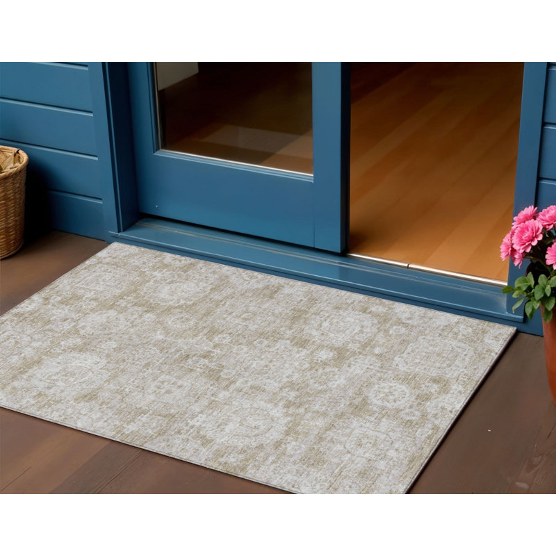 Tapis intérieur / extérieur 3 pi x 5 pi brun clair floral lavable