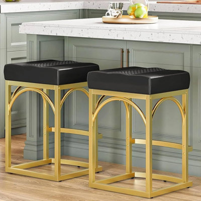 Ensemble de 2 tabourets de bar à hauteur de comptoir avec sièges rembourrés en polyuréthane, repose-pieds incurvé et structure en métal, doré et noir