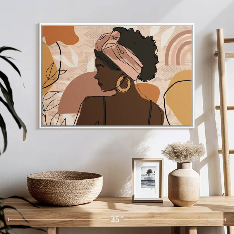 Boho, fille africaine, 37 po x 25 po, Cadre flottant noyer