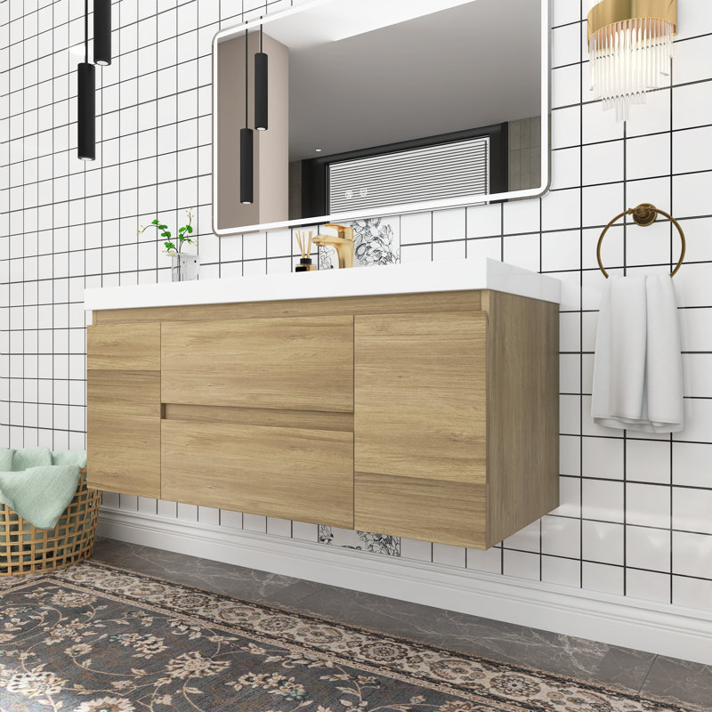 Ensemble de meuble-lavabo simple 48 po avec plateau en résine Temekia, Chêne naturel