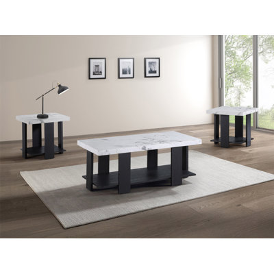 3-Piece Cocktail Set White Faux Marble Table Top Coffee Table And Two Matching End Tables Living Room Wooden Furniture