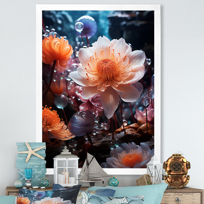 Coral Underwater Flowers II - Art mural sur toile florale, Cadre simple blanc, H 44 po x l 34 po x P 1,5 po