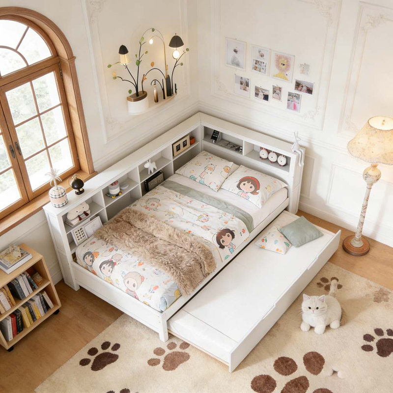 Lit de jour en bois avec couchette, Lit double, Blanc