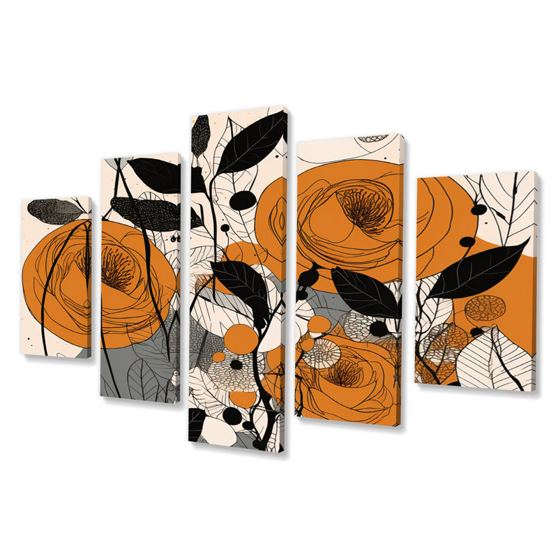 «Retro Terracotta Roses Illustration III - Abstract Botanicals», reproduction d'art murale - 5 panneaux