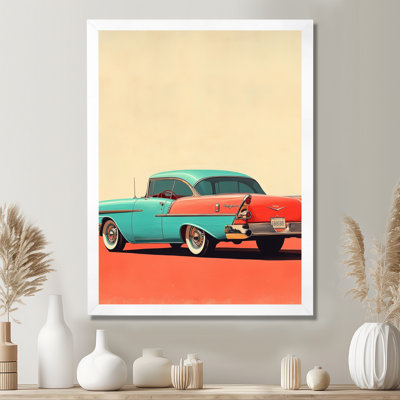Voiture rétro aux couleurs de l'été I - Tableau encadré à la gouache rouge