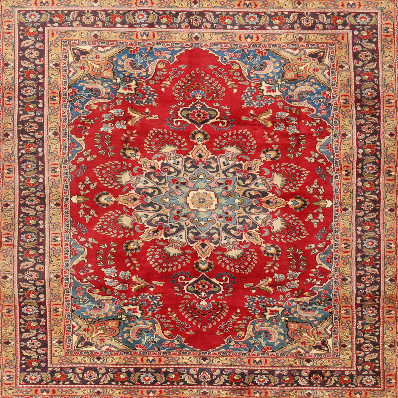 Tapis traditionnel mehroon/noir/bleu Janya, Carré 3 pi