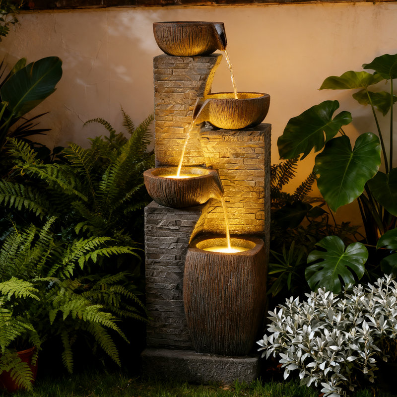 38.2" Outdoor Water Fountain,Stone Texture Modern 4 Tiers Cascading Bowls Garden Fountains Outdoor,Suit For Patio, Deck, Porch, Lawns, Backyard