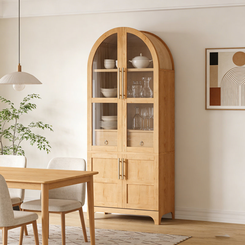 71" Tall Farmhouse Pantry Cabinet With Open/Adjustable Shelves, Glass Door & Hidden Drawer, Natural