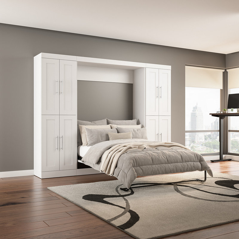Lit double mural Arlex de 109 W avec unités de rangement de 25 W avec portes, Blanc
