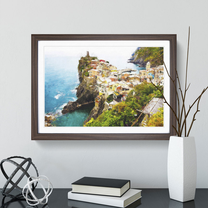View of Cinque Terre in Italy - Picture Frame Graphic Art Print, 33cm H x 45cm W x 2cm D, Walnut Framed