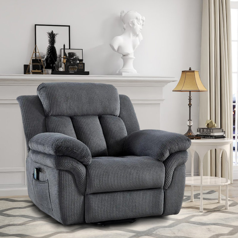 46.1" W Chenille Power Recliner with Massage and Heat , Shadowstone Microfiber/Microsuede