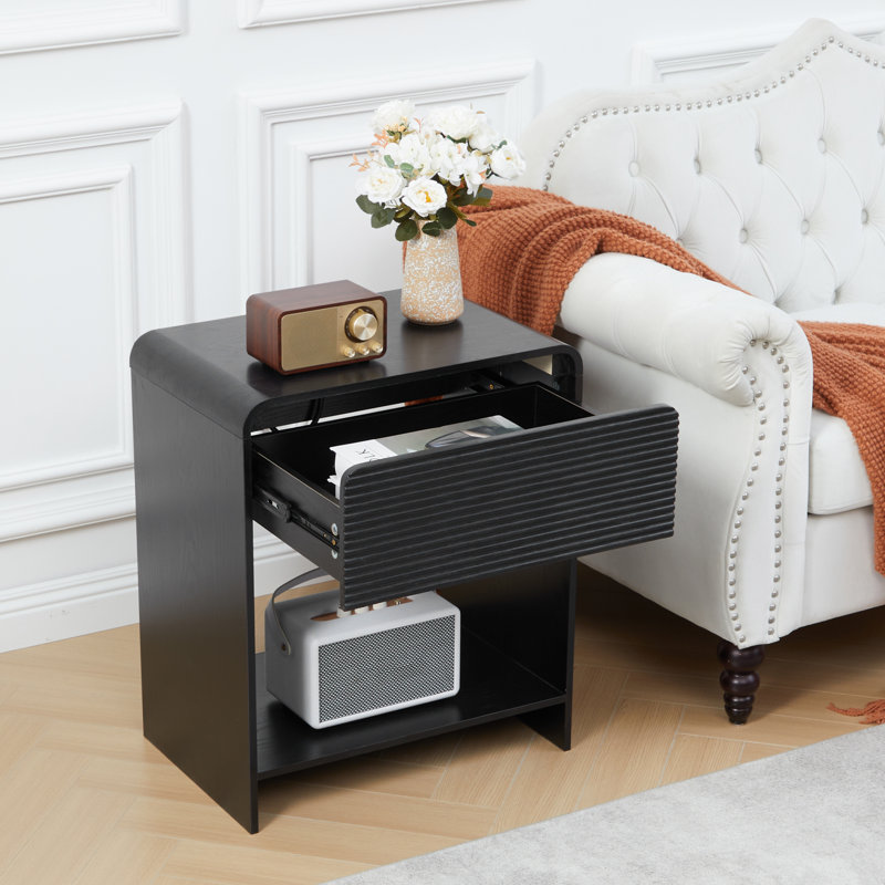End Table With Storage And Charging Station, Black