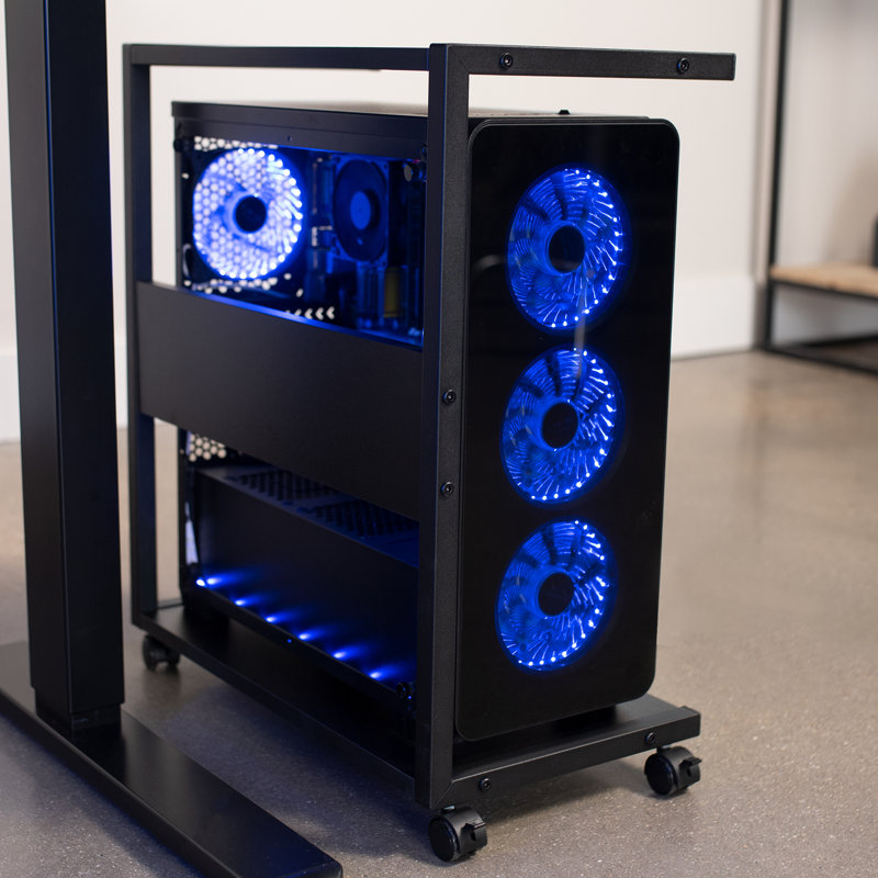 Black Steel Mobile PC Cart with Storage and Wheels