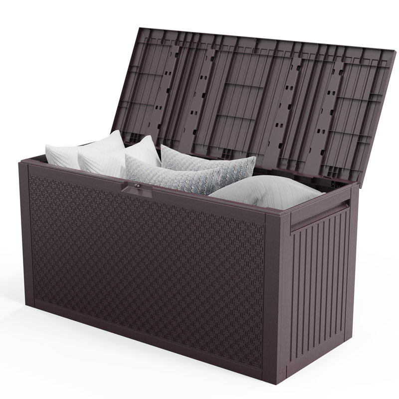 Grand coffre de terrasse verrouillable, résistant aux rayons UV, rangement pour outils et coussins, brun