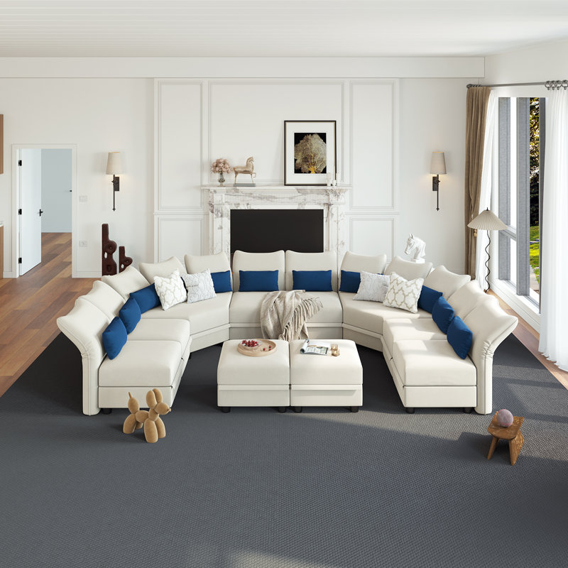Bernel 130" Wide Chenille Modular Sectional with Ottoman, Beige Microfiber/Microsuede