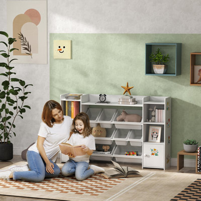AIYAPLAY Kids Bookshelf and Toy Storage Organiser Unit with Bins White