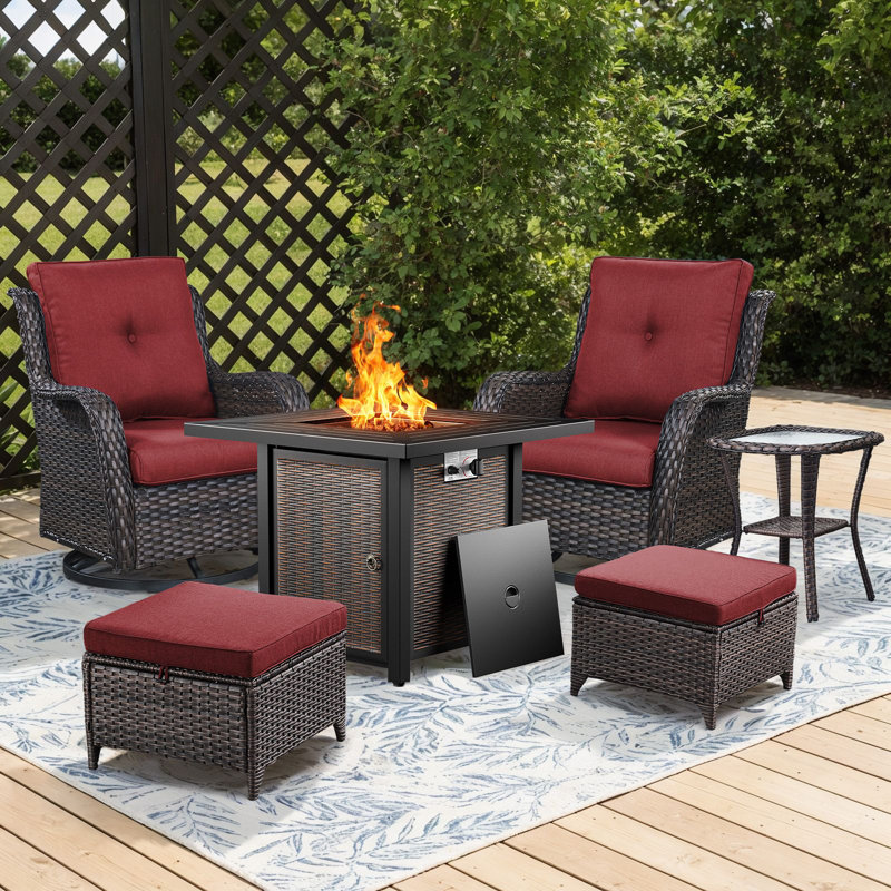 Ensemble de foyer d'extérieur 6 pièces avec chaises pivotantes, repose-pieds et table d'appoint Wendye pour terrasse, jardin, terrasse