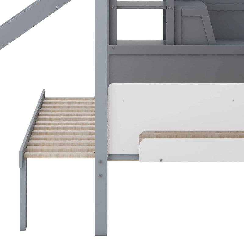 Lit superposé en bois en forme de maison avec glissière et escalier de rangement, lit superposé peu encombrant avec tablettes intégrées et garde-corps
