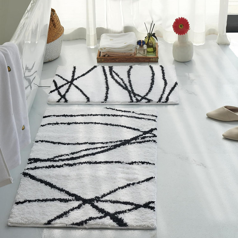 Luxury White Black Curve Line Bathroom Rug Set