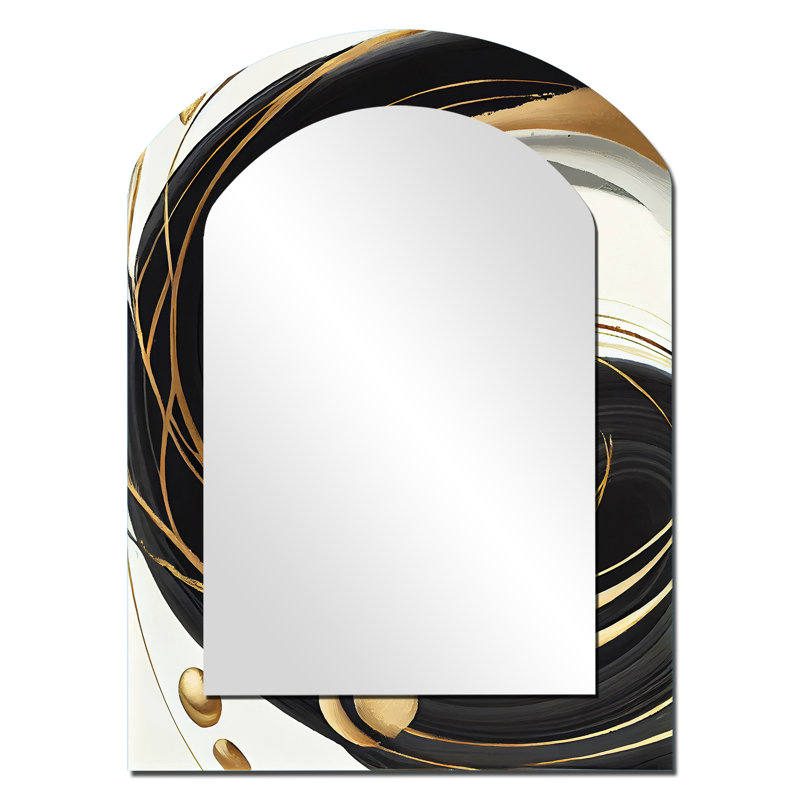 Gold Glamour Circle II - Marble Arch Mirror, White Asymmetrical Unique Wall Mirror, Printed Metal Art, 34" x 25"