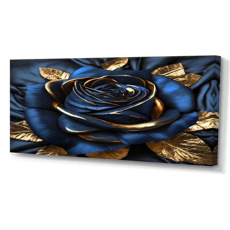 «Gilded Rose In Kings Blue I», art mural grand rose, H 28 po x l 60 po