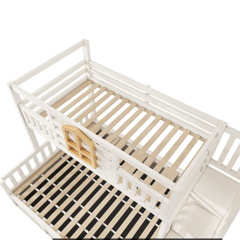 Bunk Bed 3ft + 4ft6 with ottoman and storage stairs white