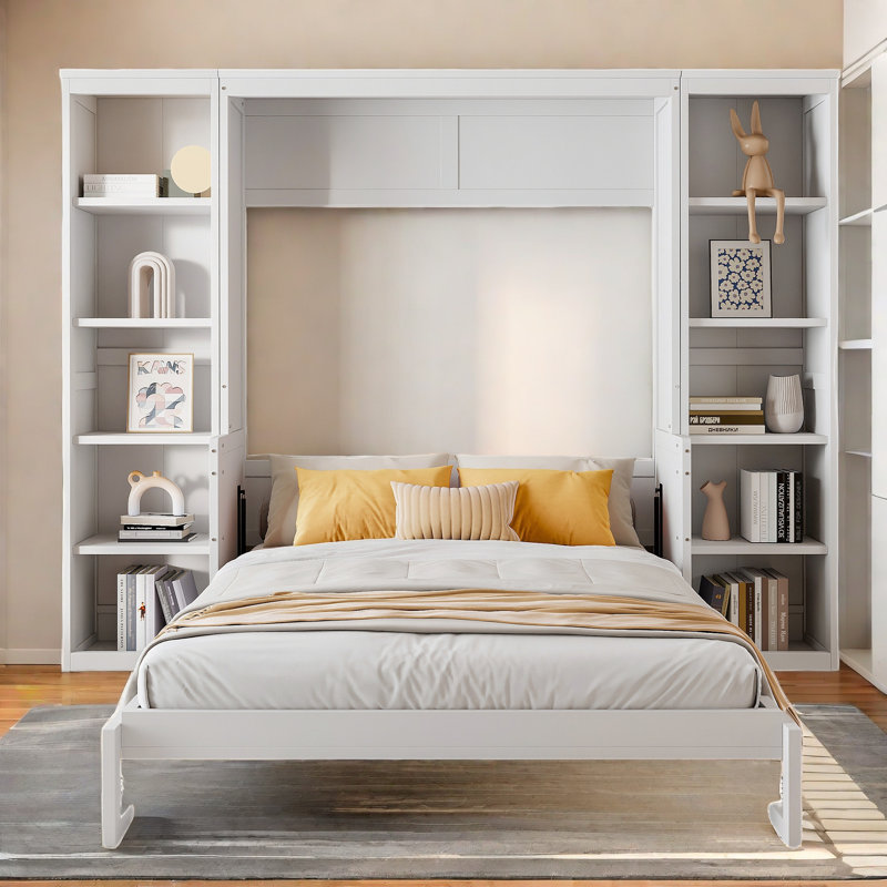 Lit escamotable Driskill avec bureau et plusieurs supports de rangement, Queen